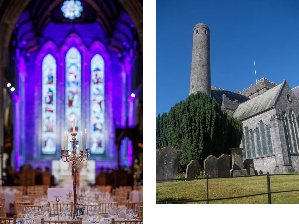 Wide view of St. Canice's Cathedral, showcasing its stunning architecture and surrounding landscape.